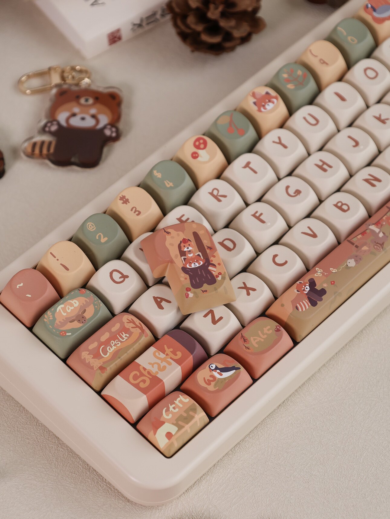 Red Fox and Forest Friends keycap close-up with charm pendant