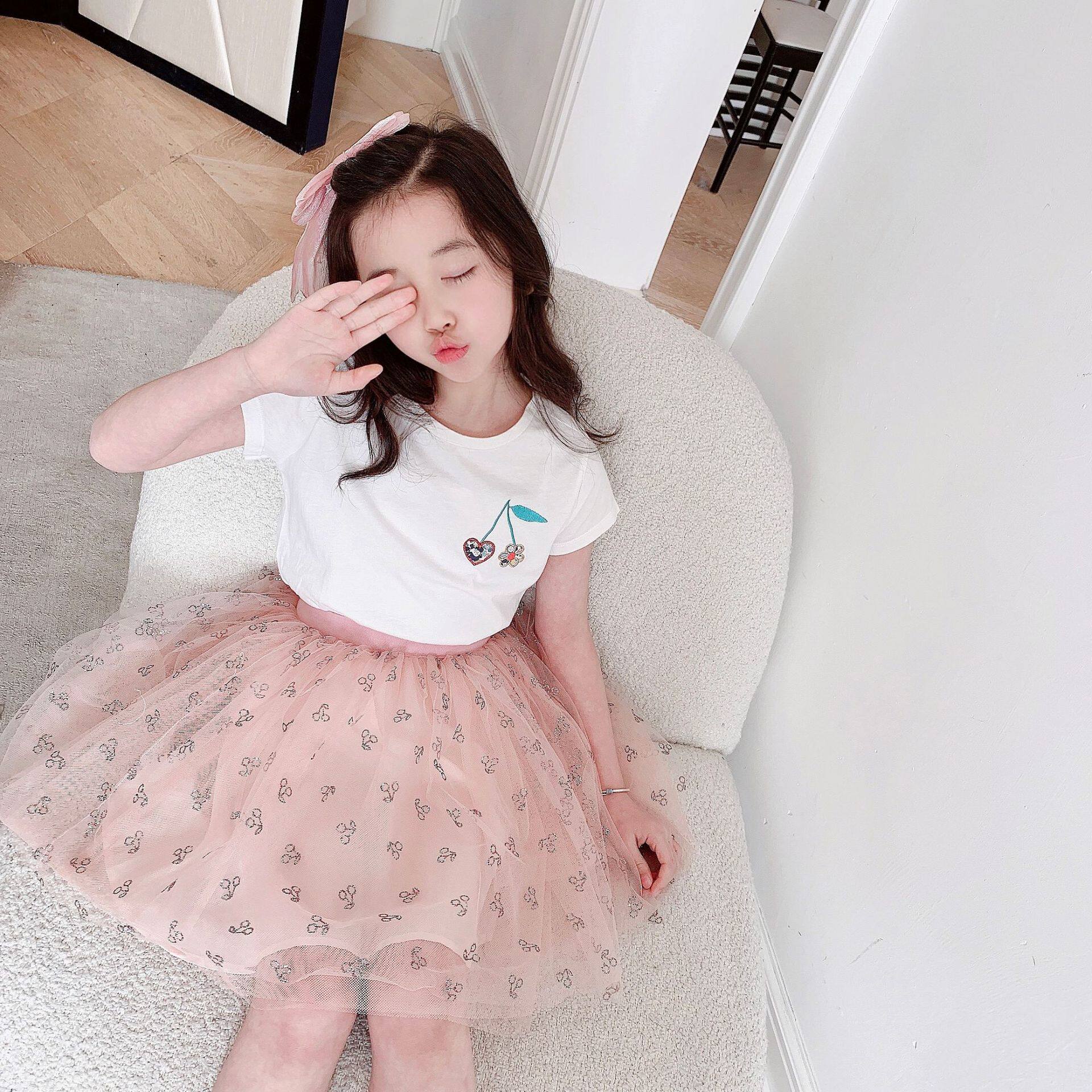 Girl Pink Cherry Bright Pink Half Body Yarn Dress Children Netting Sweetness Princess Half Skirt Short Dress 21 Spring Summer New