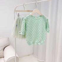 Girl Green Hollowed-out Diamond Jacquard Knit Short Sleeve Blouse Blouse Children Pure Cotton Thin and Knitted Cardiovert 21 Chunxia New