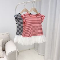 Girls French style small flying sleeves T-shirt children pure cotton round neck striped blouses 2021 spring and summer new products