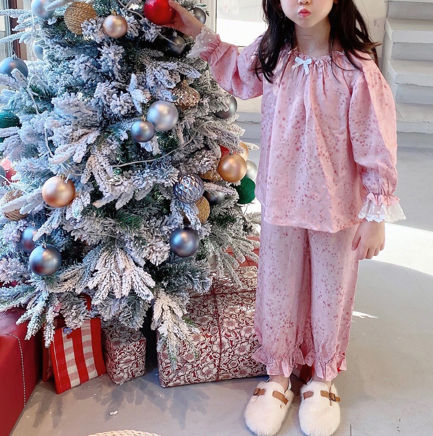 Girl Cream Pink Stars Home Suit Children Pure Cotton Comfort Sleeping Pants Princess Wind Long Sleeve Sleeping Skirt