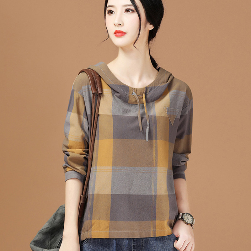 Miamashman plaid blouse women's loose spring 2021 Korean edition hooded long-sleeved blouse minority women's wear