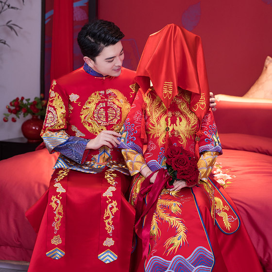 Clearance Men's Show Hefu New Wedding Chinese Dress Groom Dragon and Phoenix Gown Large Size Tang Suit Wedding Show Kimono