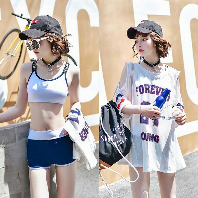 South Korea Big Size New Swimsuit Woman Two-piece Three Sets Sunscreen Conservative Casual Sports Hooded Beach Bathing Suit
