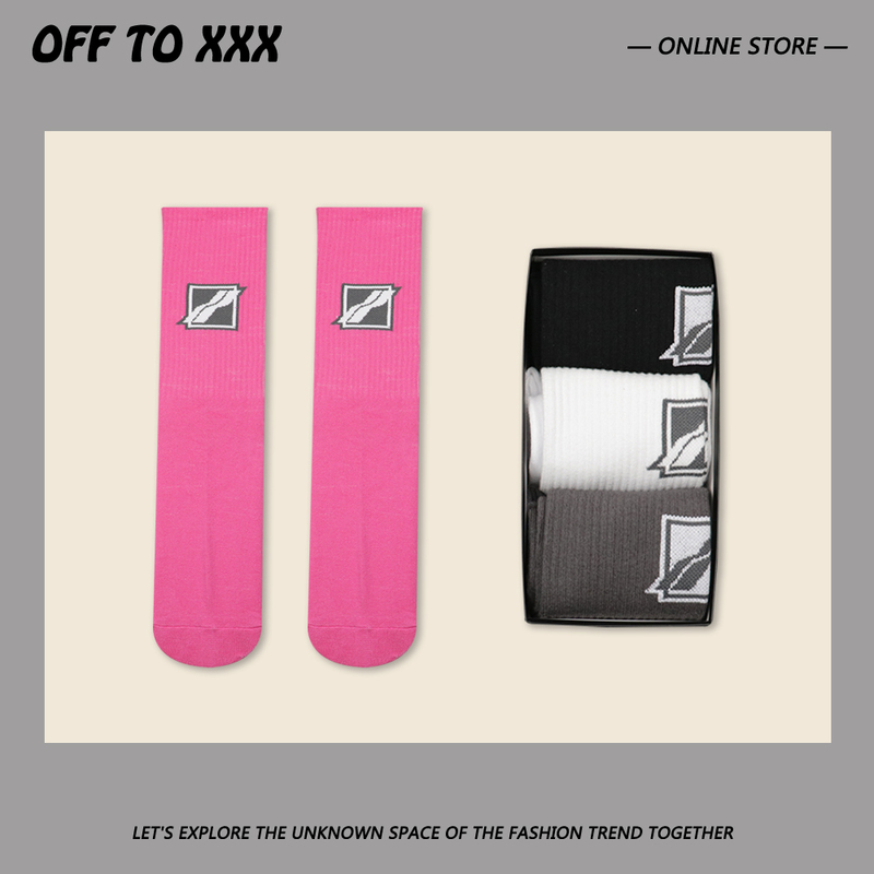 Three Pairs of Boxed We11 Square Logo Korean Trendy Brand Mid-Calf Socks, Fashionable Casual Sports Socks, Cotton, Unisex