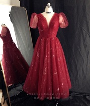Bride wedding red V neckline small man mid-length toast dress engagement dress dress female 2021 new