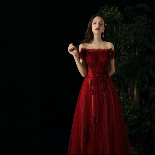 Бордовое длинное демисезонное вечернее платье для невесты, открытые плечи, 2020