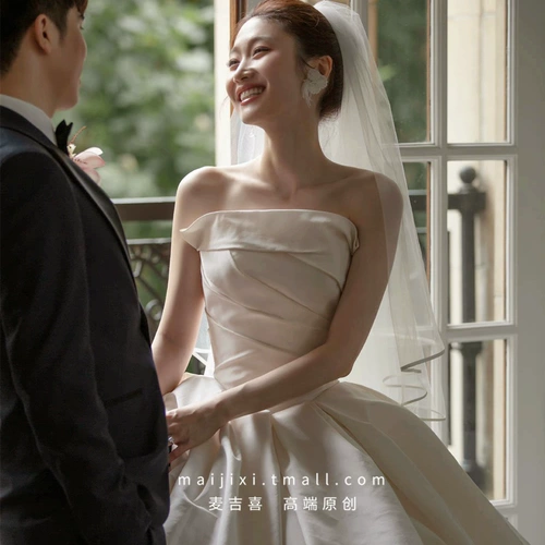 Простое атласное французское, тонкое, роскошное большое свадебное платье с трейлером, невеста 2024 Новое трубное топ -свадебное платье женское свадебное платье