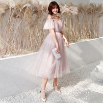 Sister group bridesmaid dress fashion medium-long pink mesh thin 2019 new wedding toast socialite small dress