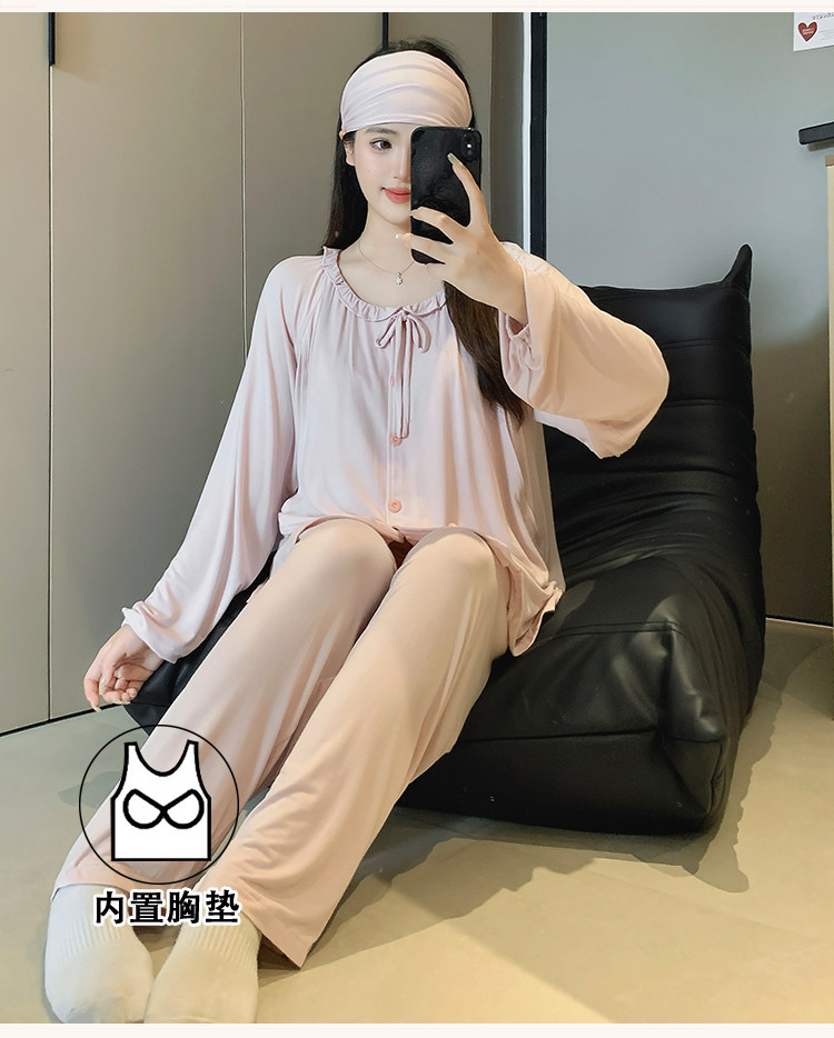 莫代尔带胸垫月子服夏季薄款5月份6产后产妇哺乳期孕妇睡衣春夏款 — 5