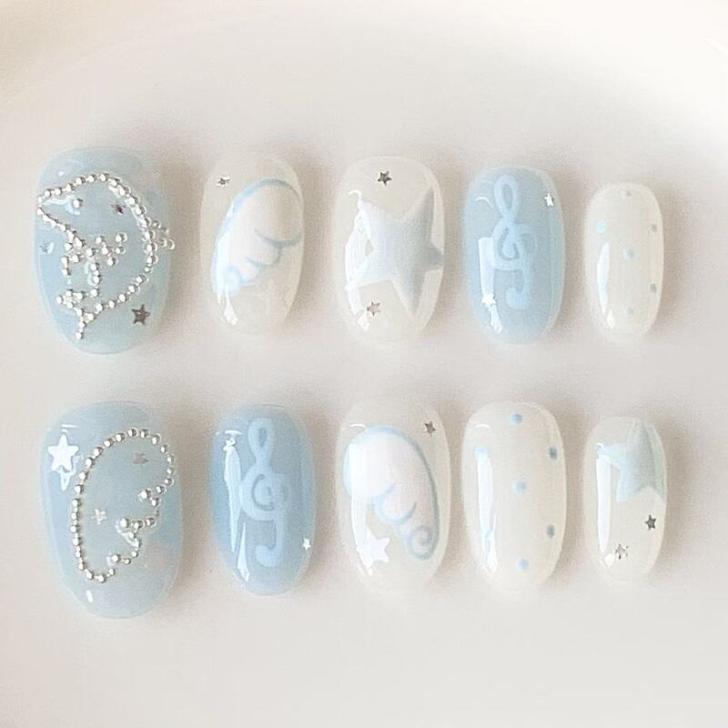 Blue Dolphin Hand-Painted Angel Wings Steel Bead Splicing Light White Stars Korean Style Press-On Nails Blue Dolphin Hand-Painted Angel Wings Steel Bead Splicing Light White Stars Korean Style Press-On Nails