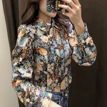 UR ZARA COS retro neckline butterfly knot decorated with watermark long sleeve bottom crushed flower shirt woman 08364410330