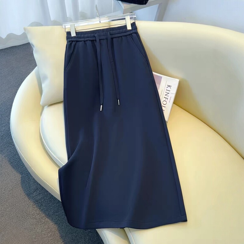 Navy Blue A-Line Slit Skirt for Women, Autumn 2026 New Style, Drapey Mid-Length Skirt, Autumn and Winter Fleece-Lined Skirt