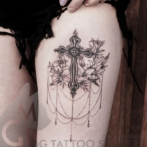 MG hand painted TATTOO Goth dark cross lily flower pendant sexy retro TATTOO sticker