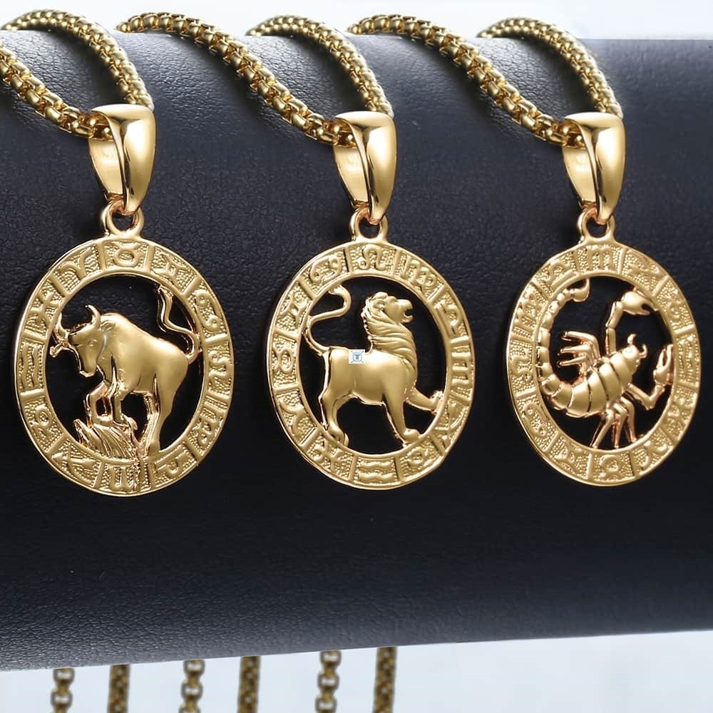 Mens Womens 12 Horoscope Zodiac Sign Gold Pendant Necklace