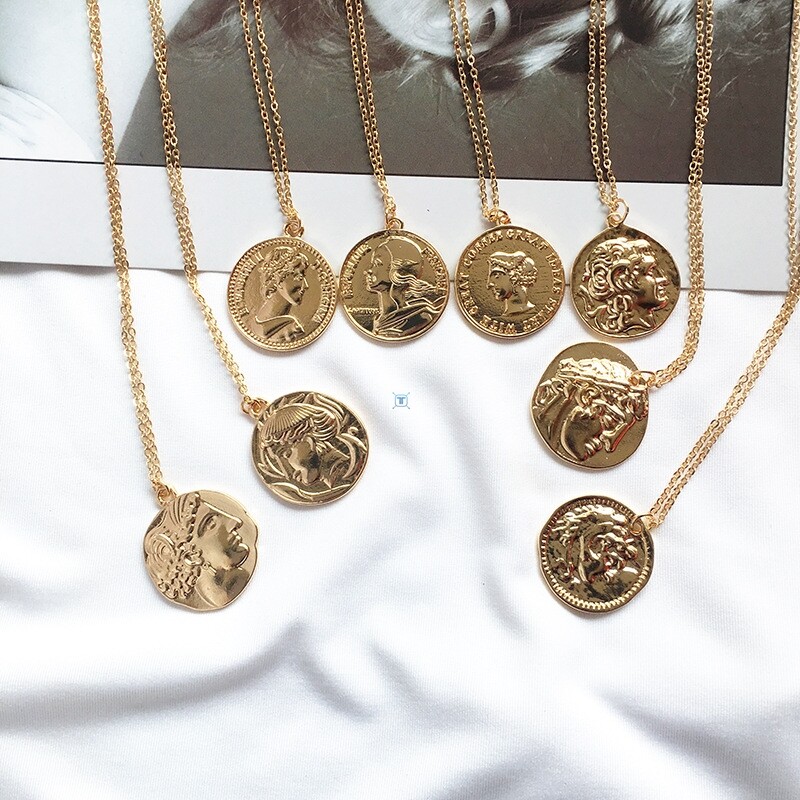 Vintage Carved Gold Coin Roman Necklace For Women
