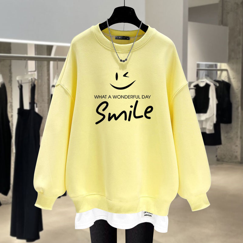 2025年春秋冬新作 薄手アメリカンスマイリーフェイスレター ルーズフェイクツーピース ラウンドネック スウェットシャツ レディース プラス ベルベット ミドル丈