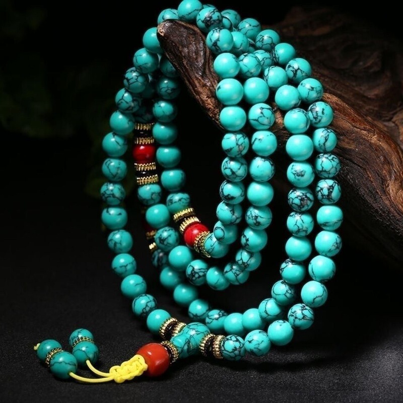 Natural Turquoise 108 Beads Bracelet, Blue Turquoise Bracelet, Tibetan Ethnic Style Men's and Women's Turquoise Bracelet