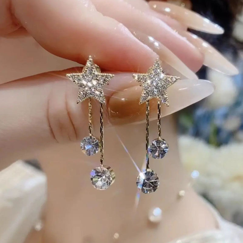 Japanese Premium New Model 925 Silver Needle Micro-Inlaid Star Tassel Earrings, New Japanese and Korean Exquisite Rhinestone Simple and Fashionable Design