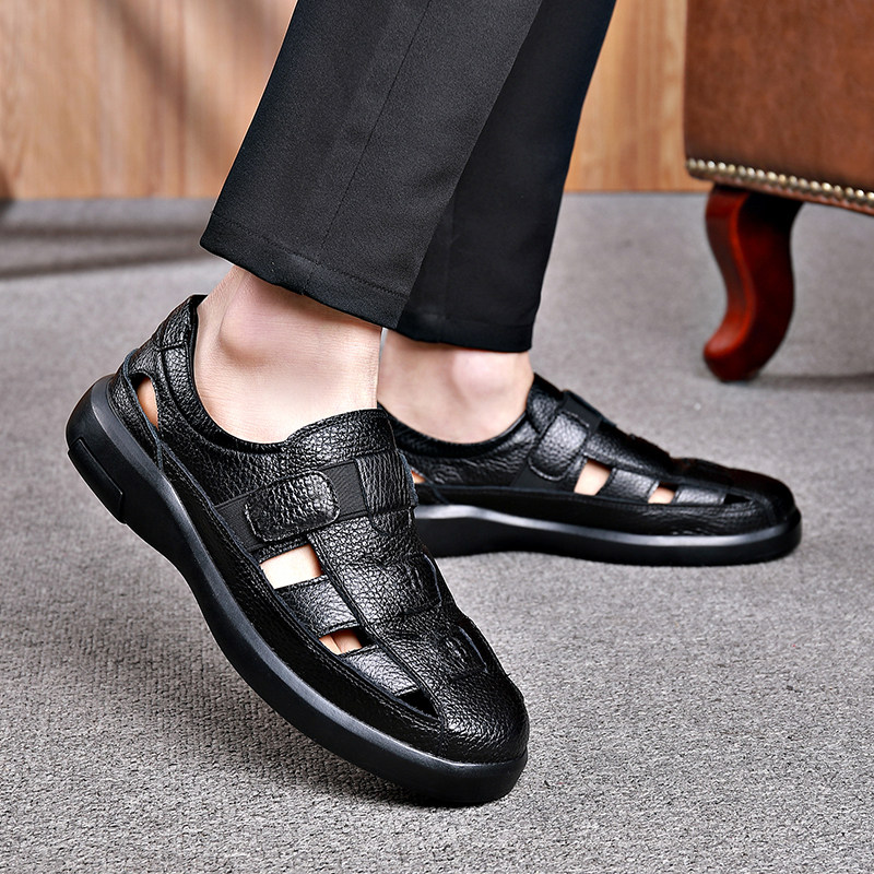 Summer wide headfetted feet old leather shoes male leather shoes hollow breathable old sandals bull leather sandals