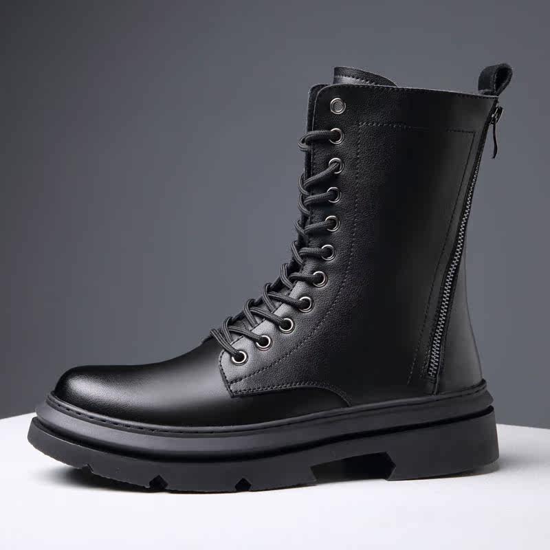 Winter plus velvet leather casual Martin boots men's mid-tube youth cowhide Roman boots warm leather boots cotton shoes single boots trendy