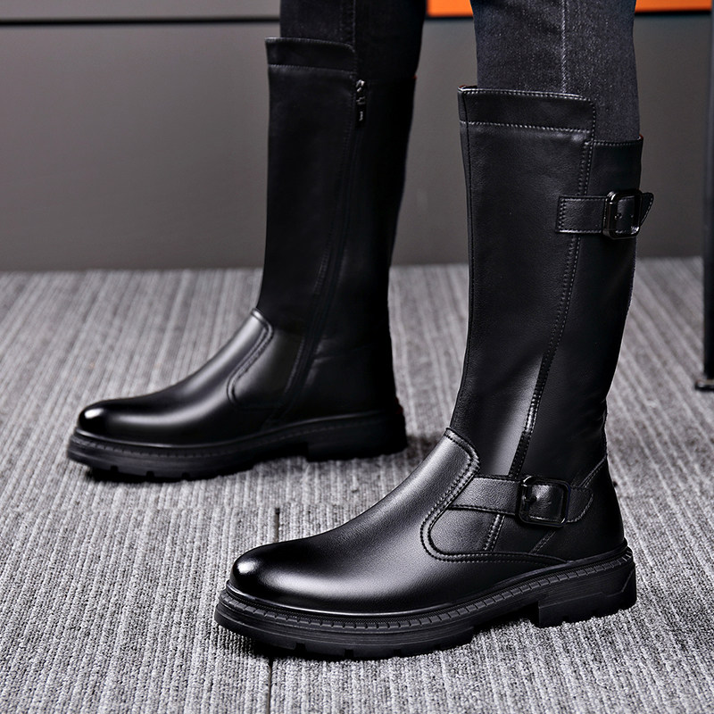 Winter plus velvet leather youth long tube fashion Martin boots high tube warm cotton shoes zipper single boots cowhide boots waterproof