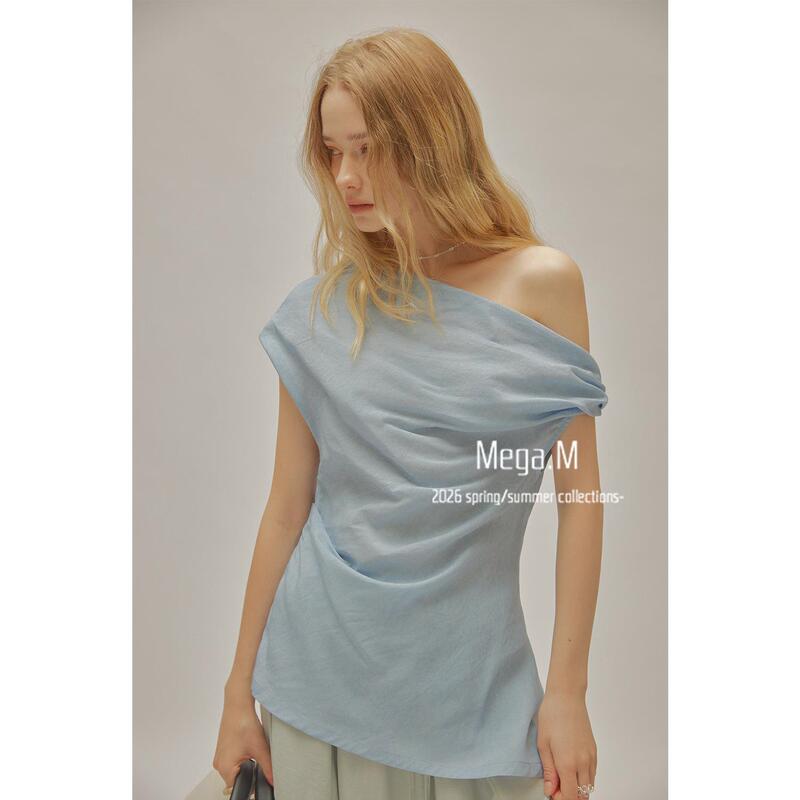 Margemeng Clothing Co., Ltd. Margemeng Two-Way Wear Asymmetrical Neck Off-Shoulder Top Women's Summer New Korean Style French Style