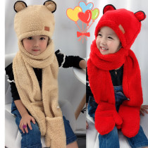 Korean test parent-child boys and girls hat scarf gloves bib neck trinity set autumn and winter wind shield warm thick hat