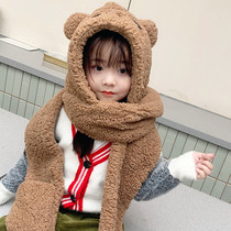 Kids hat cute winter plush scarf hooded one piece versatile warm ear protector hat bear ear puller hat