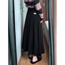 Mid-length pleated skirt for women 2023 early autumn new high-waisted slimming large size crotch-covering black A-line skirt