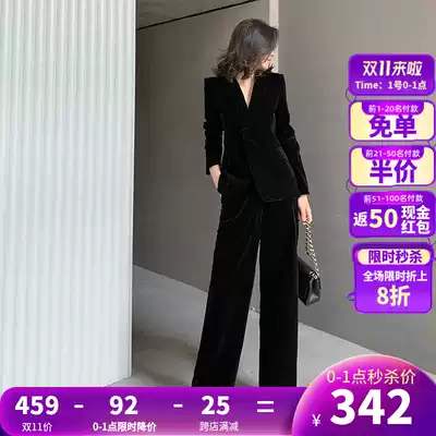 Fried Street suit suit women 2020 Autumn new fashion Korean version of foreign style golden velvet black suit women two-piece