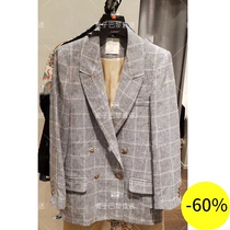 (Wheat) SANDRO 20 spring summer double-breasted linen plaid suit * VE00356