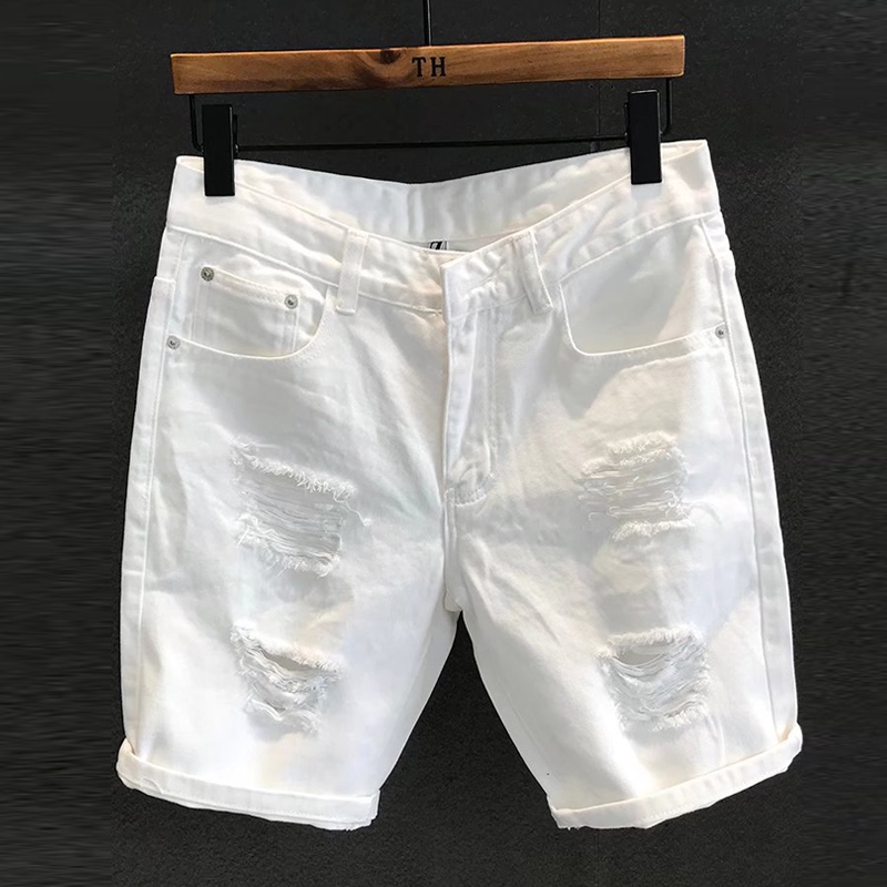Summer Thin White Ripped Denim Shorts for Men, Korean Style Slim Fit Stretchy Knee-Length Pants, Trendy Versatile Mid-Length Pants Summer Thin White Ripped Denim Shorts for Men, Korean Style Slim Fit Stretchy Knee-Length Pants, Trendy Versatile Mid-Length Pants