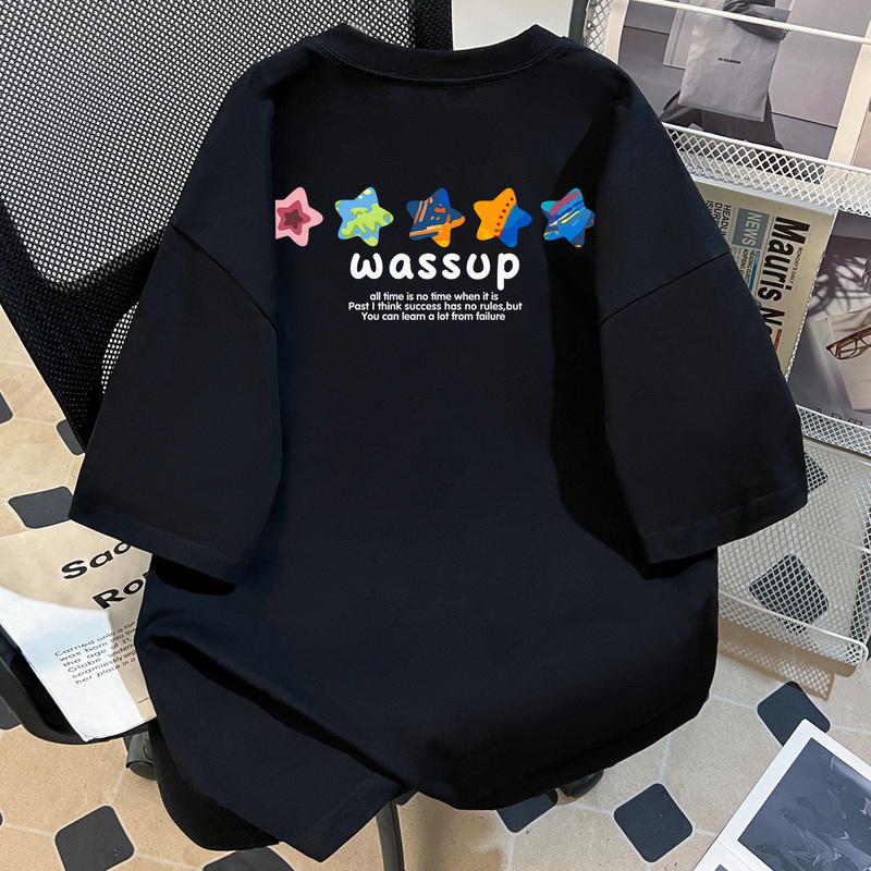 Wassup Star Print National Trend Brand American Style T-Shirt for Men, New Summer Heavy Cotton Short-Sleeve Top