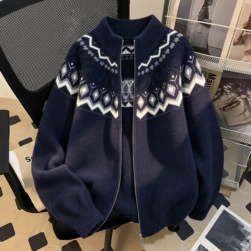 Wassup Fair Isle Jacquard Knitted Cardigan 2026 Autumn and Winter New Style Stand-Up Collar Jacket Men's Lazy Style Sweater Jacket