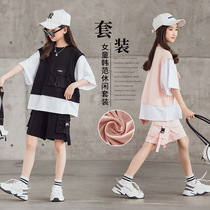 Tide Bala Girl Short Sleeve Shorts Two Sets Summer 2021 New CUHK Child Loose Casual Sports Suit