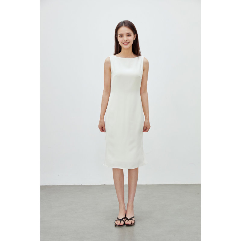 Theory Helen Commuter White Dress with Off-The-Shoulder Neckline, Classic Acetate Rachel Dress, Minimalist Fishtail Dress L0109606