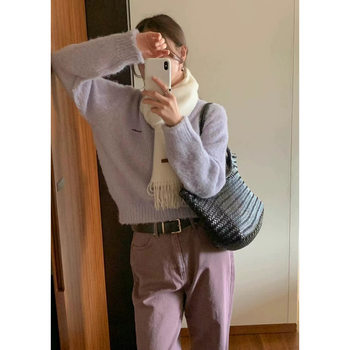 Now 2025 new autumn korean designer sign*ture soft glutinous taro purple v-neck long-sleeved sweater