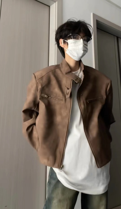 Men's Short Leather Jacket with Shoulder Pads, Spring and Autumn, Niche Style, Trendy Brand, Padded and Thickened Cotton Coat
