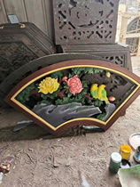 Antique sculpture fan-shaped pendant Chinese courtyard decoration lattice window grille hollow carved background wall screen exterior wall tiles