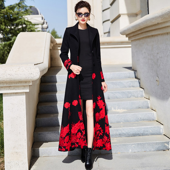2023 winter high-end embroidered ethnic style slim-fitting extra-long woolen coat for women cashmere coat over the knee