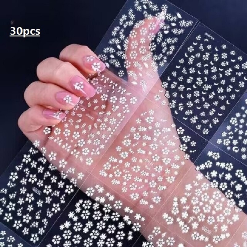 3D Nail Stickers Waterproof Japanese Style Fresh Realistic White Flower Nail Stickers Snowflake Nail Stickers Nail Stickers