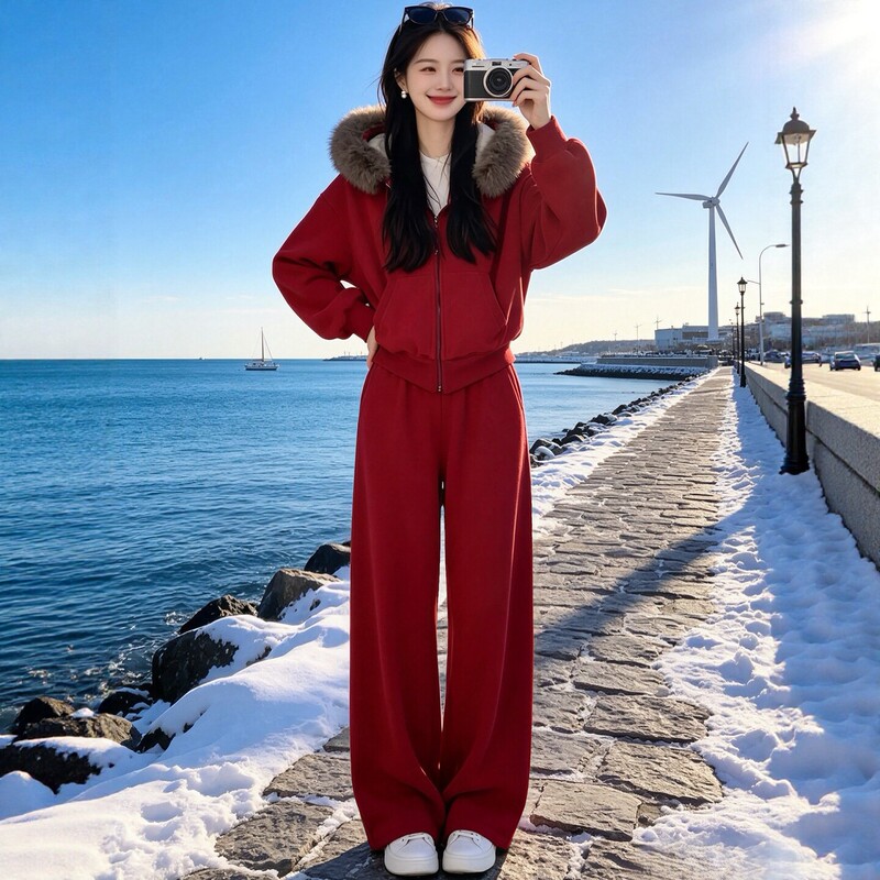 Very Nice-Looking Christmas and New Year Red Casual Sports Suit for Women, Autumn and Winter Fleece-Lined Fur Collar Hooded Sweatshirt Two-Piece Set Very Nice-Looking Christmas and New Year Red Casual Sports Suit for Women, Autumn and Winter Fleece-Lined Fur Collar Hooded Sweatshirt Two-Piece Set