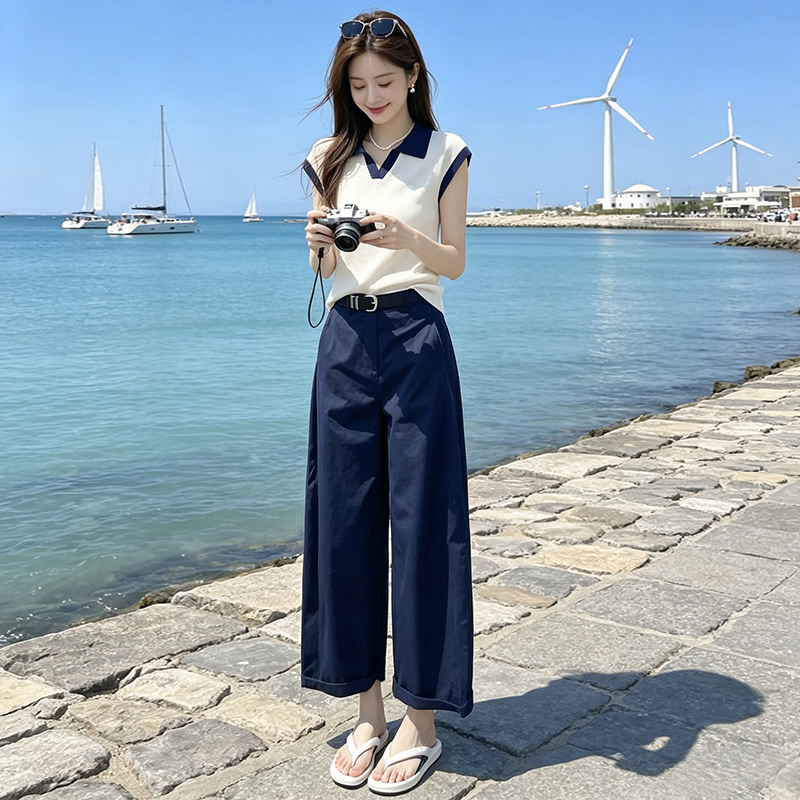 Super Popular Ootd Outfit for Petite Women, Fashionable Summer Knit Set with Contrasting Color Polo Collar and Casual Cropped Pants Two-Piece Set