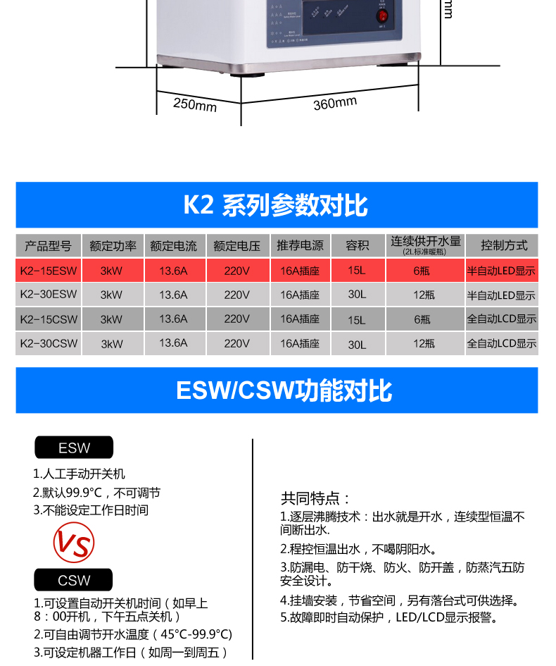 吉之美商用开水器K2-15ESW商用步进式自动即热型节能电热烧水 不锈钢开水器商用奶茶店