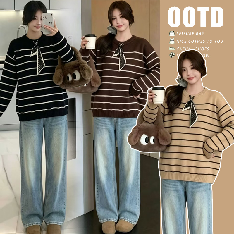 Maternity Wear 2026 Autumn College Style Striped Knit Sweater Round Neck Long Sleeve Tie Casual Sweater Lazy Style Top