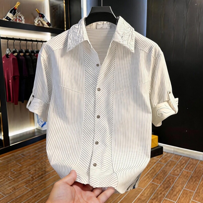 Summer Men's Striped Design Short-Sleeved Shirt 2026 New Style American Retro Loose High-End Casual Versatile Men's Shirt