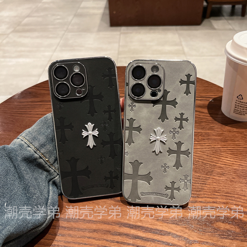 Trendy Brand Leather Electroplated 3D Chrome Heart Case for Apple 17 Pro Max, iPhone 16 New Model, 15 with Built-In Lens Film, 14 Full Coverage Matte Anti-Drop, 13 Unique Stylish Fashion for Men and Women