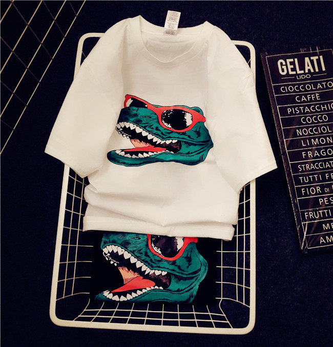 Hong Kong Chaos spring and summer new ins short sleeve T-shirt female pure cotton dinosaur Korean version blouse with large size and half sleeve mistress