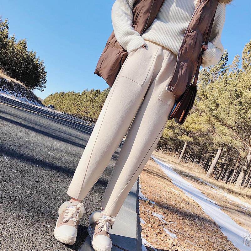 Hong Kong tide brand autumn and winter new woolen pants women's high-waist casual nine-point harem pants are thin and thickened with small feet